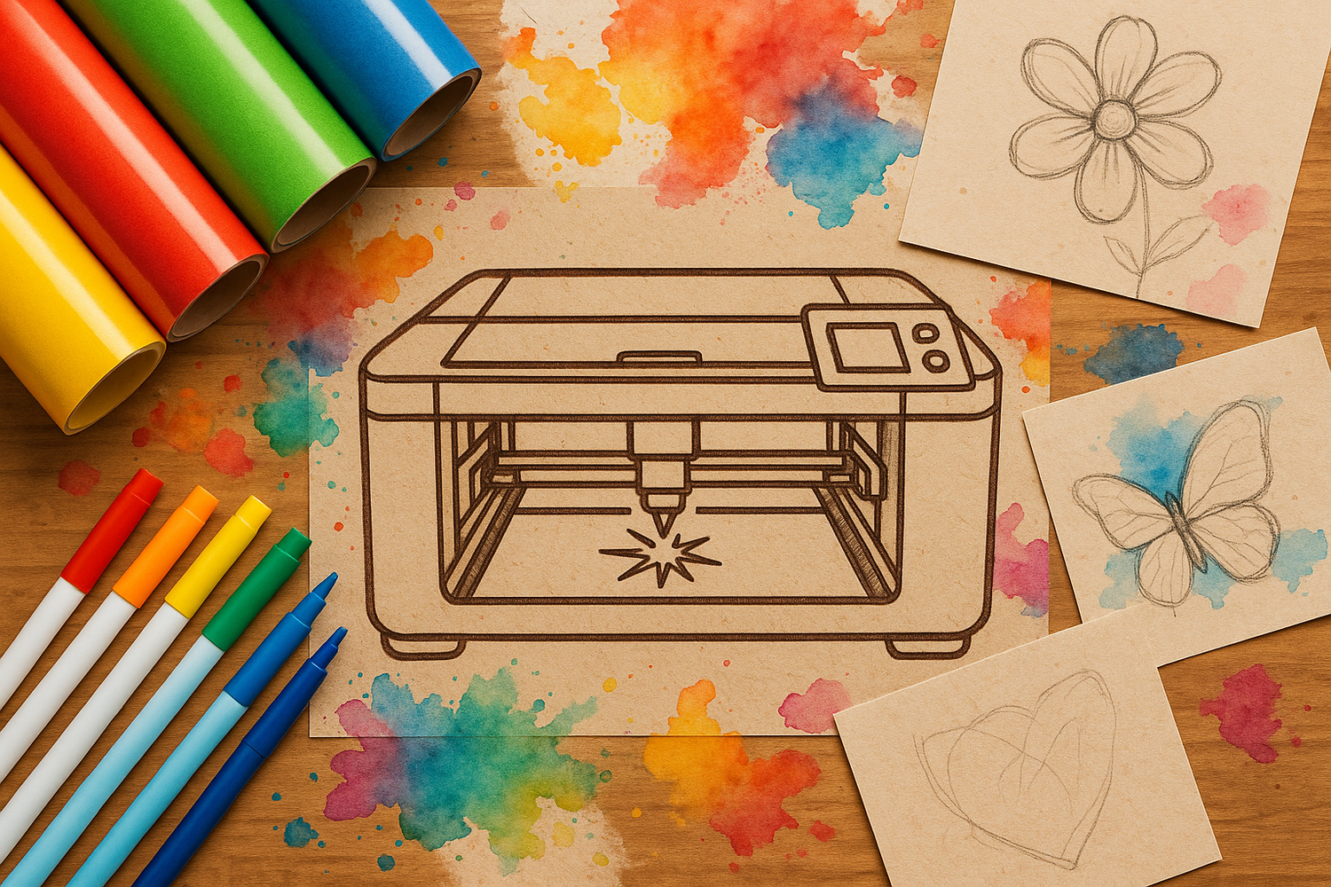A creative collage of crafting materials on a wooden table: laser engraver outlines, rolls of vinyl, colorful pens, watercolor splashes, and unfinished sketches. Bright, fun, artistic vibe, top-down view, high resolution.