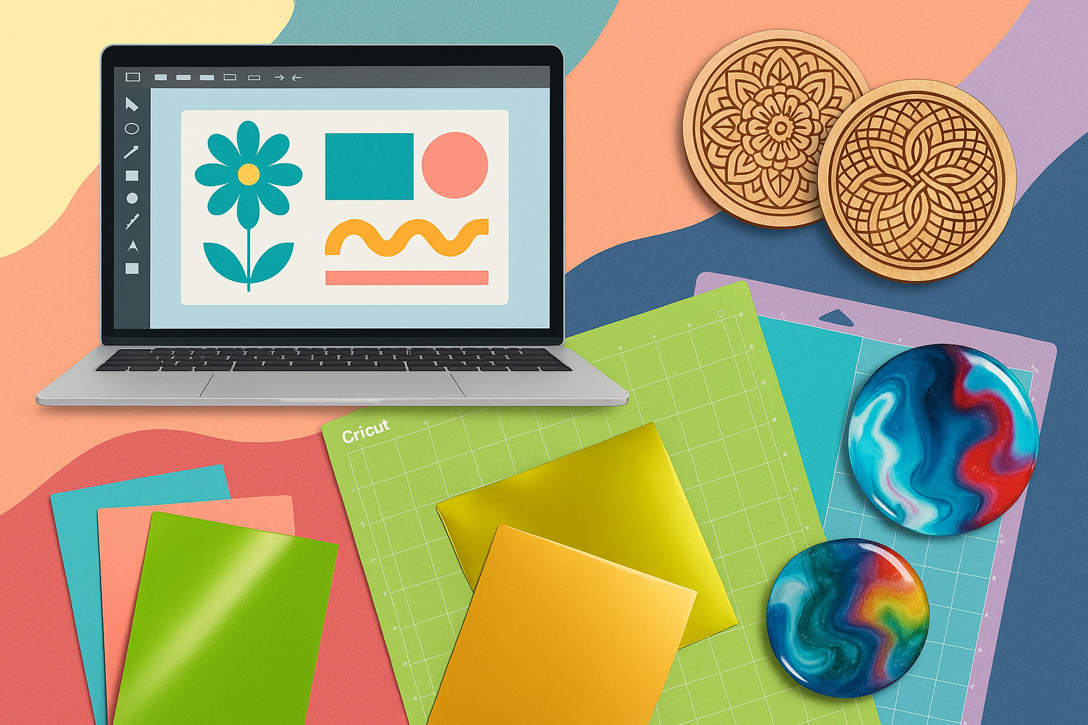 A modern, stylized collage background showing a mix of digital and handmade tools: laptop with design software open, laser-engraved coasters, Cricut cutting mats, and resin art. Artistic, fun, slightly abstract for website use.