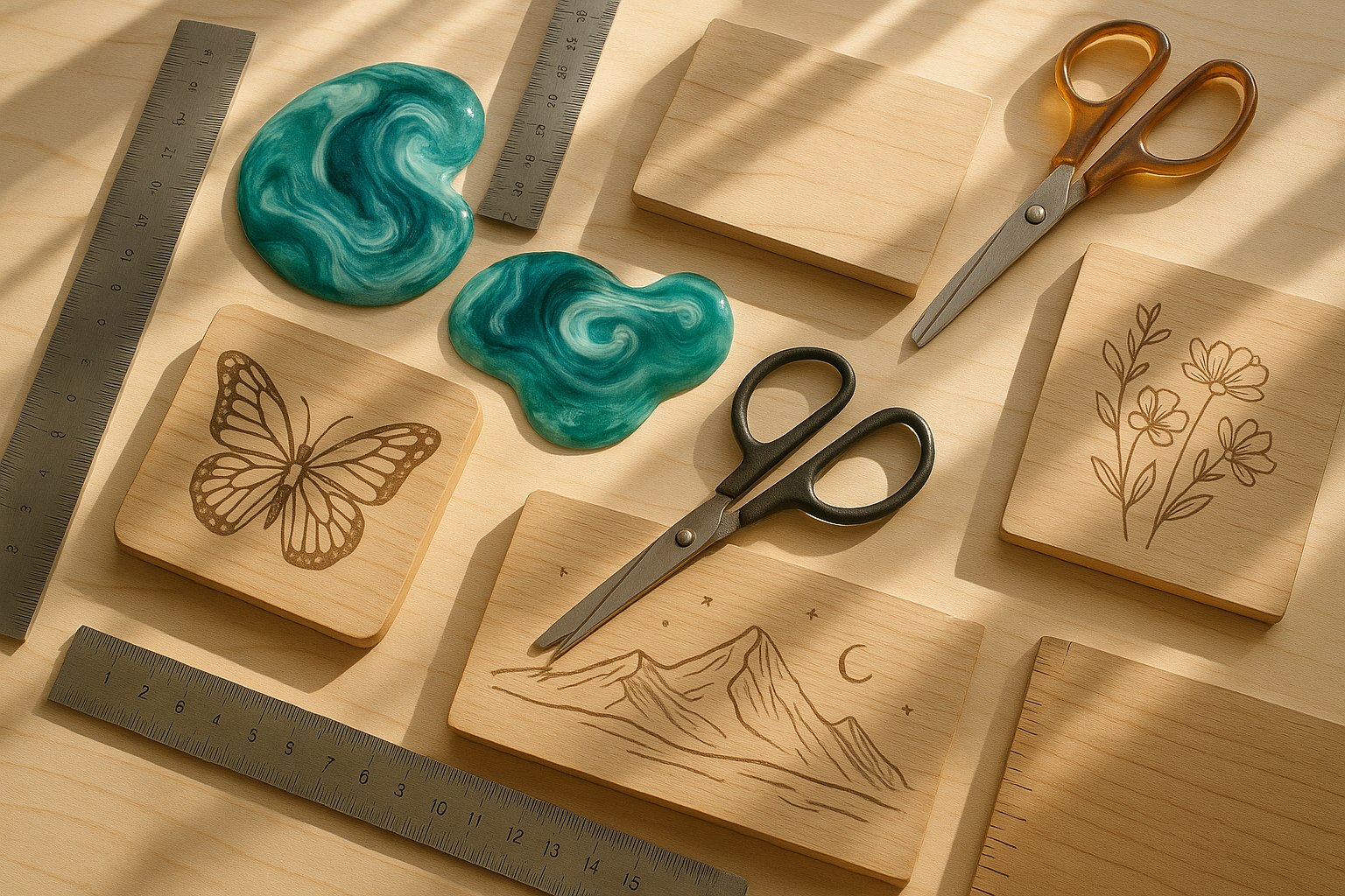 A playful collage background showing a workbench with half-finished crafts: wooden boards with engraved designs, resin swirls, scissors, and rulers. Natural sunlight shining across the workspace. Clean but creative aesthetic.